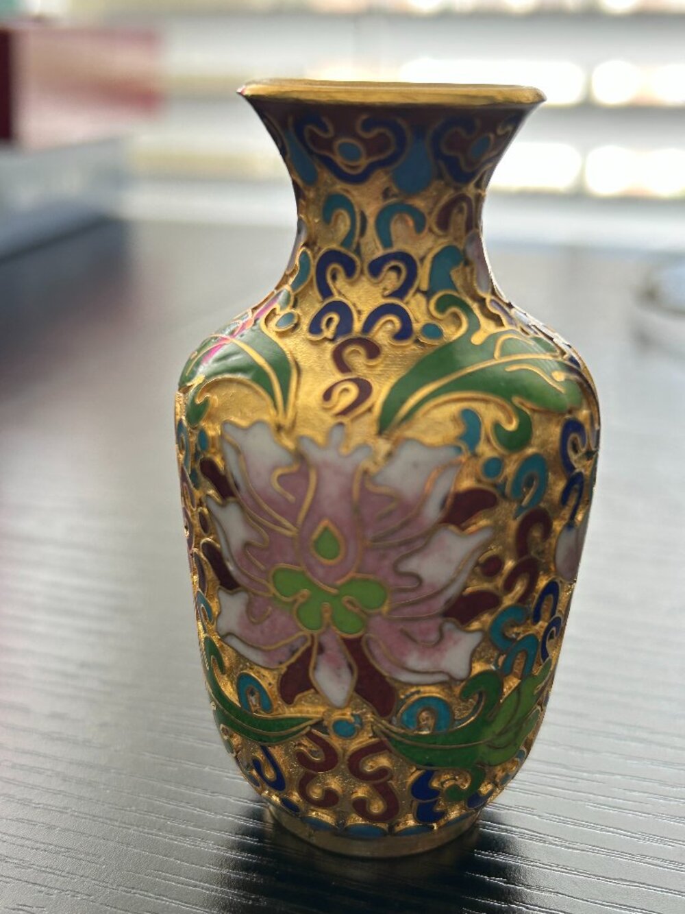 Vintage Miniature Cloisonne Enamel Vase Gold and Multi color 3" Tall